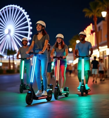 tourists riding scooters with neon lights at night
