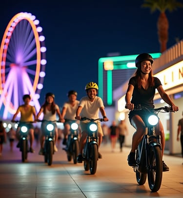 a family riding bikes at night 
