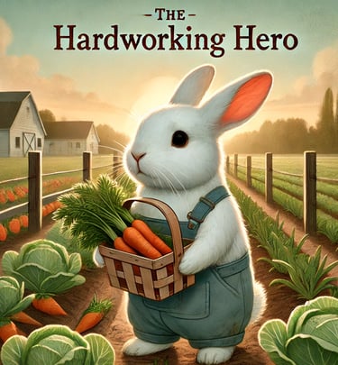 a white rabbit in a field with a basket of carrots