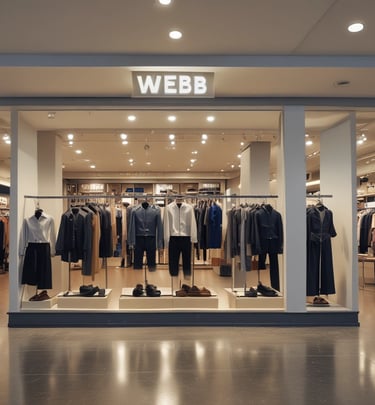 A clothing store display featuring mannequins dressed in casual attire, such as striped and checked shirts and skirts. The store interior is organized with neatly arranged racks of various clothing items, including shirts, blouses, and jackets in a range of colors such as yellow, white, pink, black, and blue. The entrance has glass doors, and the store name is prominently displayed above in bold letters. The lighting is bright, highlighting the clean, modern aesthetic of the space.