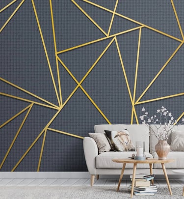 geometric wallpaper in a living room with a couch and a coffee table