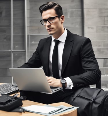 A man wearing a black suit, white shirt, and a red paisley tie is holding a stack of money. He is also wearing black gloves and dark sunglasses. A cigar is clenched between his teeth.