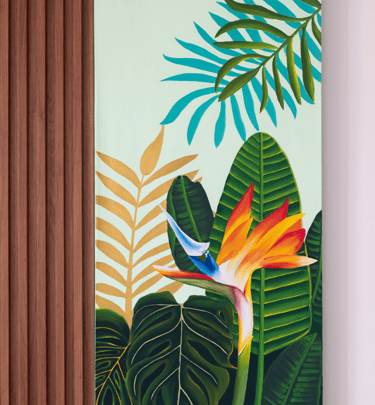 Lienzo decorativo personalizado, arte en acrílico con detalles botánicos tropicales para el hogar.