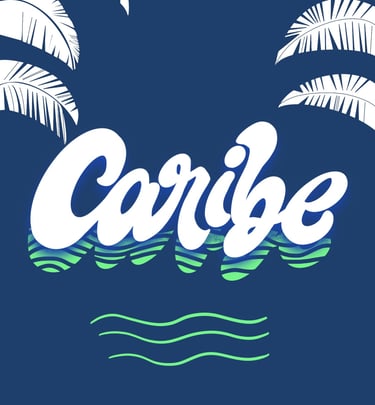 Lettering del Caribe inspirado en ilustracion tropical, colorida, alegre y con movimiento.