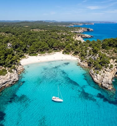 Aerial drone view of Cala Turqueta beach with private sailboat Menorca