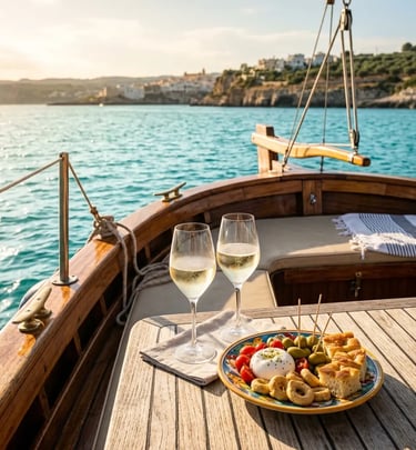Sparkling wine aperitif with Apulian antipasti on teak deck during Adriatic boat cruise