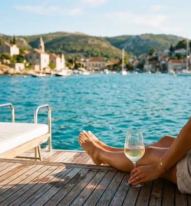 Bare feet and a glass of white wine on a luxury boat deck above turquoise Adriatic water