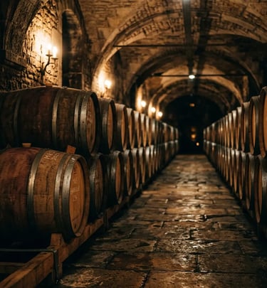 French oak barrels aging in a stone cellar corridor with warm amber lighting