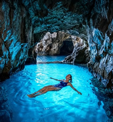 Swimmer floating in glowing blue water inside Kolocep Island Blue Cave