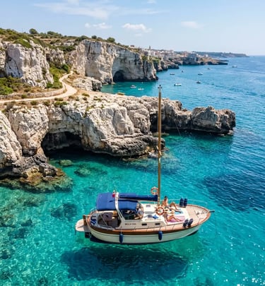 Fratelli Aprea boat anchored in turquoise Adriatic water near Puglia limestone cliffs