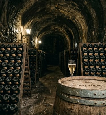 Cava glass on barrel in Juvé & Camps underground cellar with riddling racks