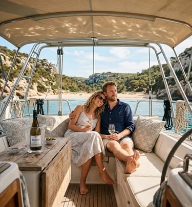 Couple enjoying wine under shaded cockpit on private sailing charter Menorca