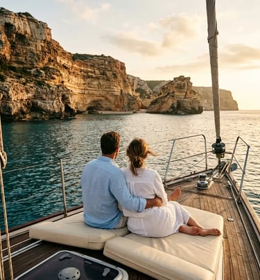 Couple relaxing on sun cushions during private sailing trip in Menorca