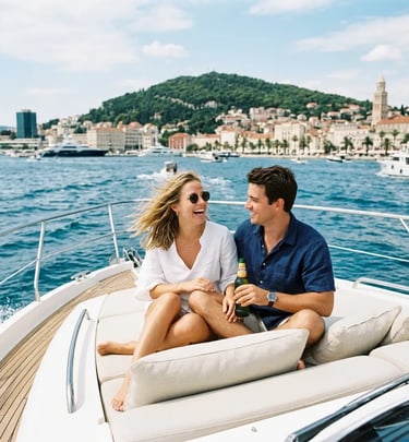 Couple laughing on luxury speedboat bow with Split skyline and Marjan hill behind