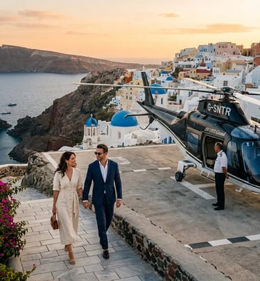 Couple walking toward private helicopter on Santorini helipad with caldera sunset view