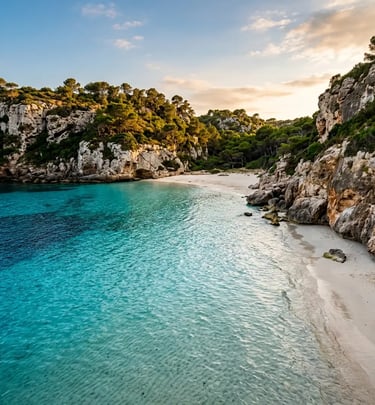 Empty white sand beach surrounded by cliffs in secluded Menorca cove