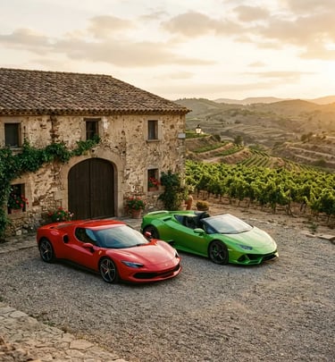Ferrari 296 GTB and Lamborghini Huracan EVO Spyder parked at a Catalan winery