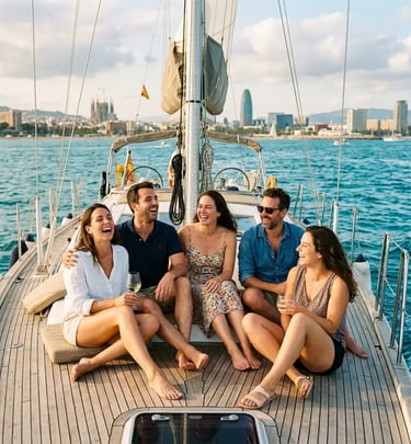 Group of friends laughing on a private yacht deck with Barcelona skyline behind