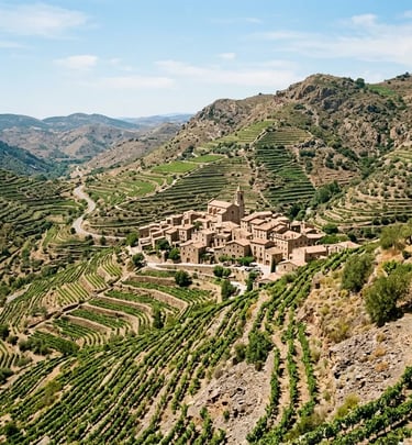 Aerial view of Gratallops village surrounded by terraced vineyards in Priorat