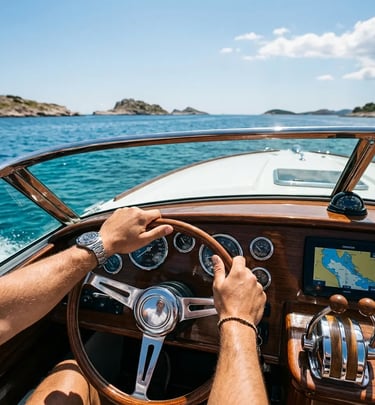 Hands at the helm of a Split luxury boat tour heading toward the Pakleni Islands