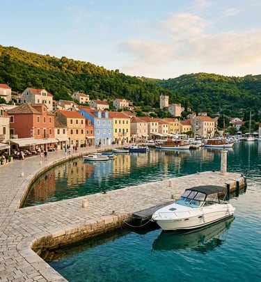 White speedboat moored at Maslinica harbour with colourful waterfront buildings Šolta island
