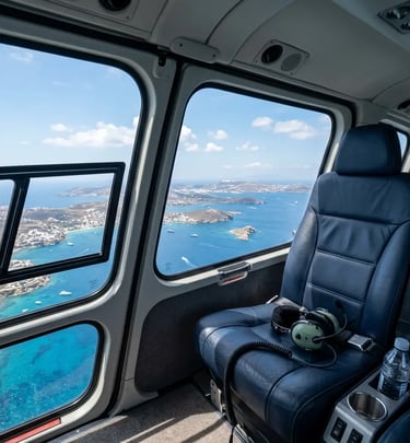 Helicopter cabin interior with aviation headset and panoramic view of Greek islands