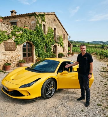 Professional driving instructor welcoming guest beside a yellow Ferrari at a Catalan winery