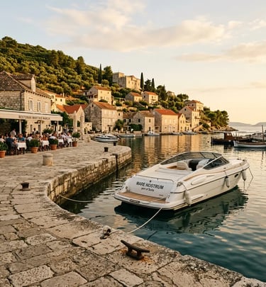 Luxury speedboat docked at Maslinica village stone pier on Šolta island, Croatia