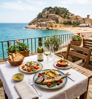 Three-course Mediterranean seafood lunch overlooking Vila Vella fortress in Tossa de Mar