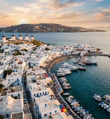 Aerial helicopter view of Mykonos town windmills and harbor at golden hour