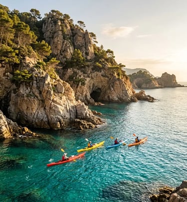 Small group sea kayaking along dramatic Costa Brava limestone cliffs near Tossa de Mar