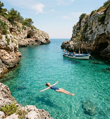 Woman floating in crystal-clear turquoise water inside a secluded rocky cove in Puglia