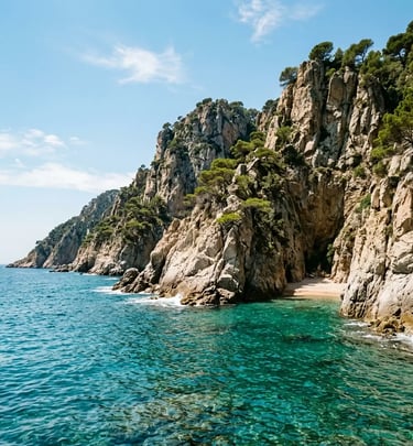 Rugged Costa Brava limestone cliffs rising from turquoise Mediterranean water near a hidden cove