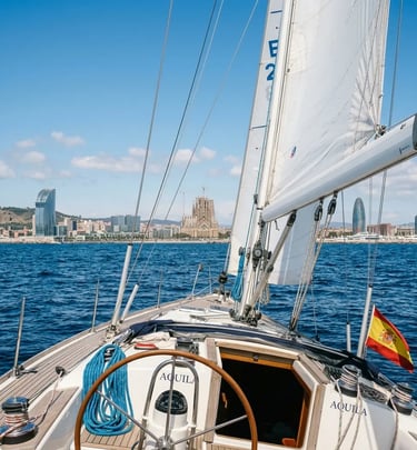 Cockpit view from sailing yacht offshore Barcelona with Sagrada Familia and Torre Glòries