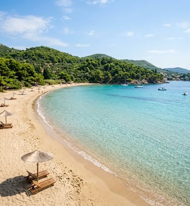 Sunj beach Lopud, the only sandy bay in the Elaphiti Islands near Dubrovnik