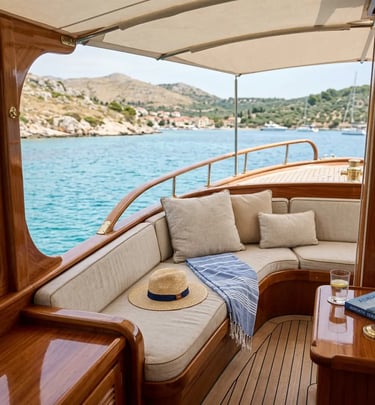 Shaded teak lounge area with deep linen cushions aboard a classic wooden boat on the Adriatic