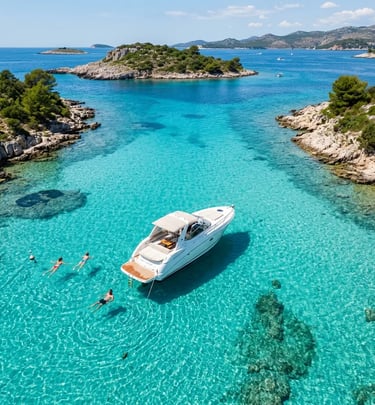 Aerial view of speedboat anchored in Blue Lagoon Croatia with guests swimming