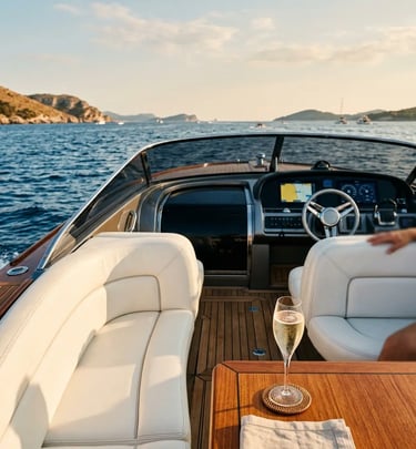 Teak deck of a premium boat tour Split with wine glass and open Adriatic views