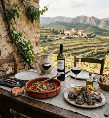 Escalivada and grilled lamb with red wine at outdoor table in Priorat