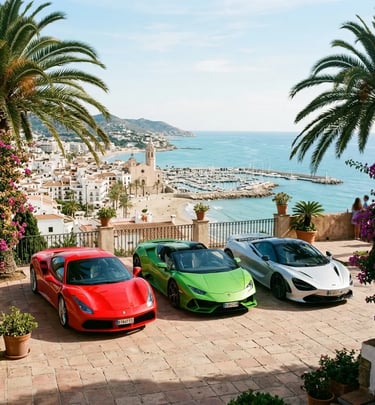 Ferrari Lamborghini and McLaren supercar fleet on Mediterranean terrace near Sitges