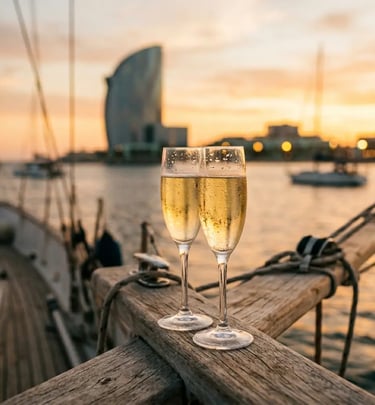 Two glasses of chilled cava on a yacht deck with Barcelona W Hotel at sunset