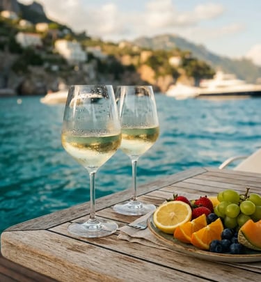Two glasses of white wine and fresh fruit on a boat deck over turquoise Adriatic sea
