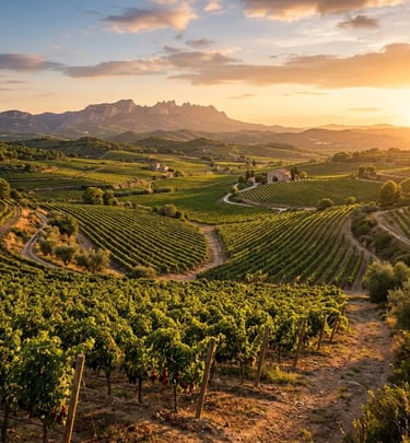 Panoramic sunset view of El Penedès vineyard valley with Catalan mountain backdrop