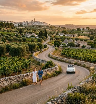 Couple walking a winding road through Valle d Itria vineyards and Trulli farmhouses