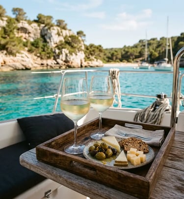 Complimentary wine and Mediterranean snacks on private sailing trip in Menorca
