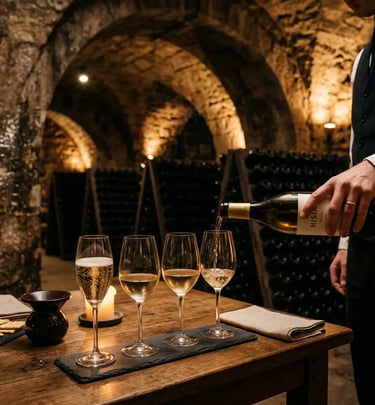 Sommelier pouring cava into tasting glasses inside a stone cellar at El Penedes winery