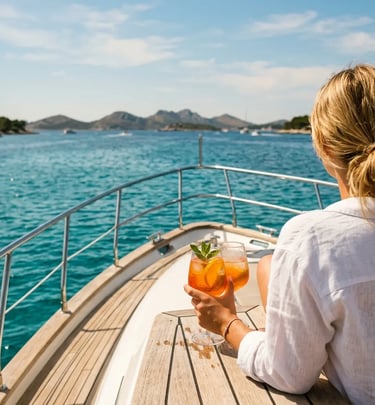 Woman with a drink on a yacht deck viewing the Elaphiti Islands