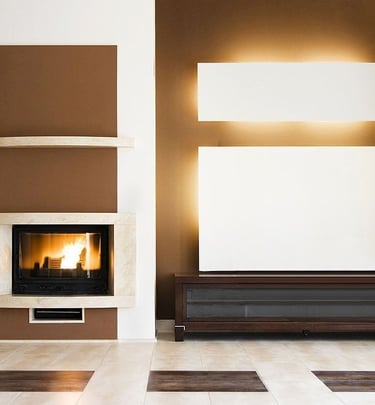 a living room with a fireplace and a tv