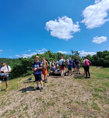 people grouped on a hilltop in sunshine