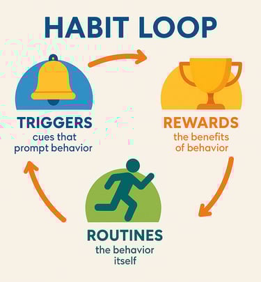 Habit loop infographic showing triggers, routines, and rewards